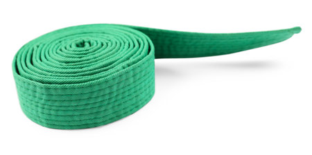 Green karate belt isolated on white. Martial arts uniformの写真素材