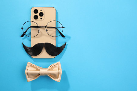Flat lay composition with artificial moustache and glasses on light blue background, space for textの写真素材