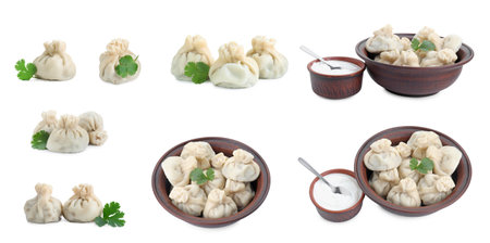 Delicious khinkali (dumplings) and sauce isolated on white, setの写真素材