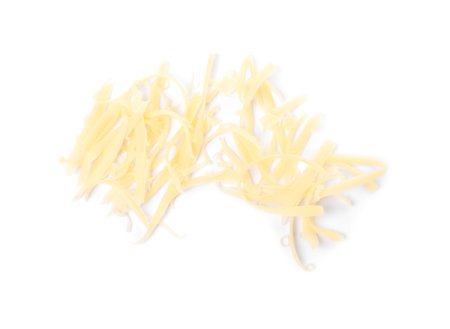Tasty rated cheese isolated on white, top view
