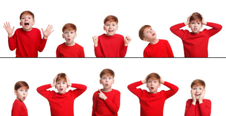 Surprised boy on white background, collage of photos