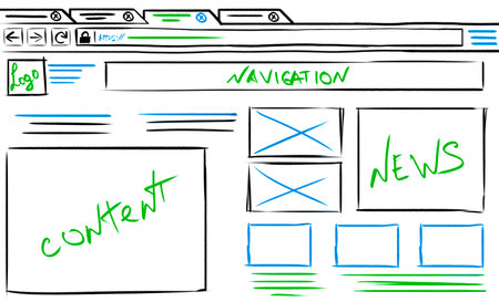 Website design template, interface development. Wireframe with different elements on white...