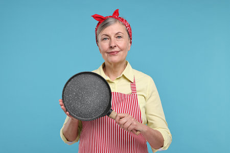 Happy housewife with frying pan on light blue backgroundの写真素材