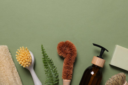 Cleaning brushes, loofah, soap bar, dispenser and fern leaf on green background, flat lay. Space for...