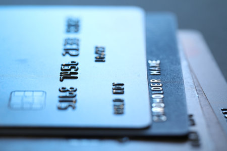 Many credit cards on gray background, macro viewの写真素材