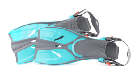 Turquoise and gray flippers isolated on white. Sports equipmentの写真素材