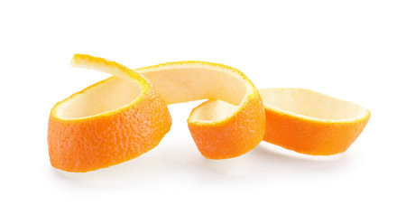 One fresh orange peel isolated on whiteの写真素材