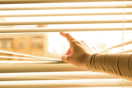 Woman separating slats of white blinds indoors, closeupの写真素材
