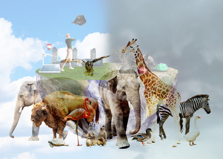 Double exposure of different animals and conceptual image depicting Earth destroying by environmental pollutionの写真素材