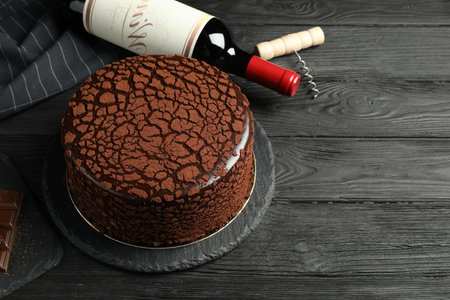 Delicious truffle cake, bottle of wine, chocolate pieces and corkscrew on black wooden table, space for textの写真素材