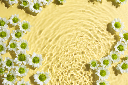 Beautiful chrysanthemum flowers in water on pale yellow background, top view. Space for text