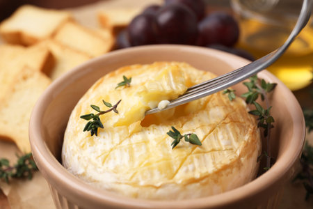 Taking tasty baked camembert with fork from bowl on table, closeupの写真素材