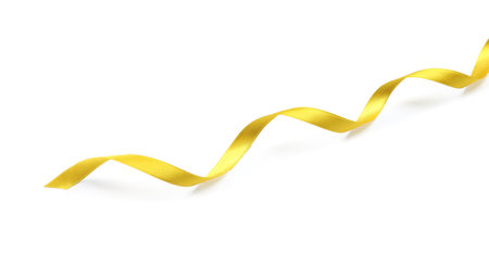 One golden satin ribbon on white background, above viewの写真素材