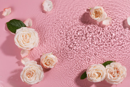 Beautiful roses, petals and leaves in water on pink background, top view. Space for textの写真素材