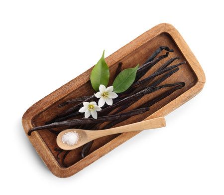 Vanilla pods, flowers, leaves and spoon with sugar isolated on white, top view