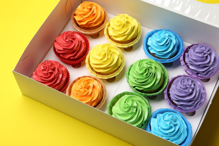 Tasty cupcakes in box on yellow background, closeupの写真素材