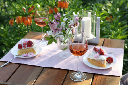 Vase with spring flowers, wine and cake on table served for romantic date in gardenの写真素材