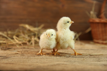 Cute chicks on wooden table. Baby animalsの写真素材