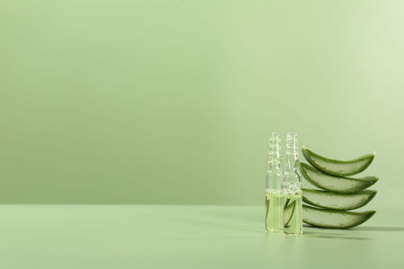 Skincare ampoules with extract of aloe vera and cut leaves on pale green background. Space for textの写真素材