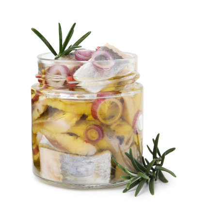 Tasty marinated fish with onion and rosemary in jar isolated on whiteの写真素材