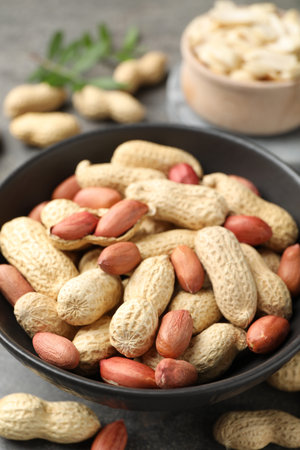 Fresh unpeeled peanuts in bowl on gray table