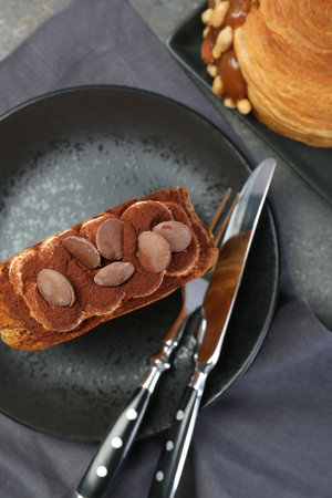 Round croissants served on gray table, flat lay. Tasty puff pastryの写真素材