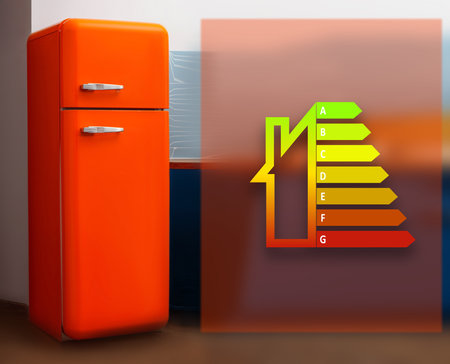 Energy efficiency rating label and red refrigerator indoorsの写真素材