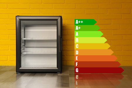 Energy efficiency rating label and refrigerator indoorsの写真素材
