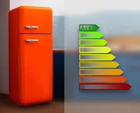 Energy efficiency rating label and red refrigerator indoorsの写真素材