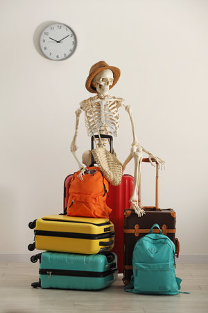 Waiting concept. Human skeleton in hat with suitcases indoorsの写真素材