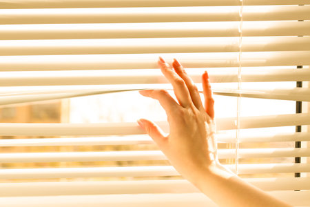 Woman separating slats of white blinds indoors, closeupの写真素材