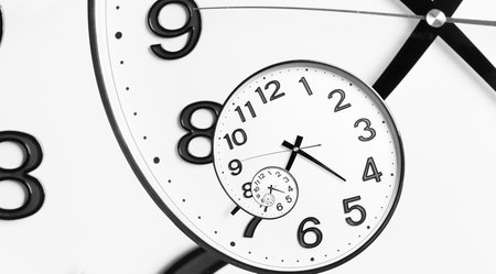 Infinity and other time related concepts, banner design. White clock face twisted in spiral, fractal...