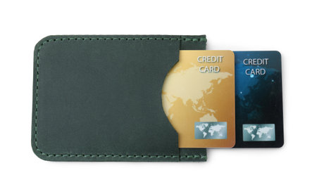 Leather card holder with plastic credit cards isolated on white, top viewの写真素材