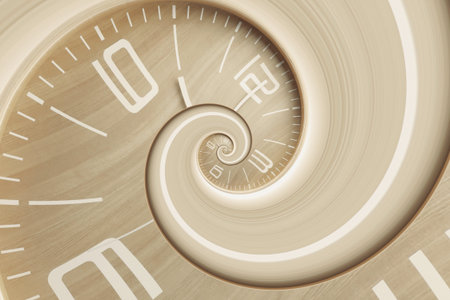 Infinity and other time related concepts. Wooden clock face twisted in spiral, fractal pattern