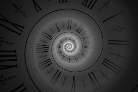 Infinity and other time related concepts. White clock face with roman numerals twisted in spiral,...