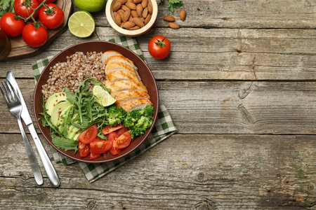 Healthy meal. Tasty products in bowl, ingredients and cutlery on wooden table, flat lay. Space for textの写真素材
