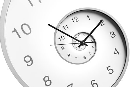 Infinity and other time related concepts. White clock face twisted in spiral, fractal pattern