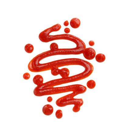 Tasty ketchup isolated on white, top view. Tomato sauceの写真素材