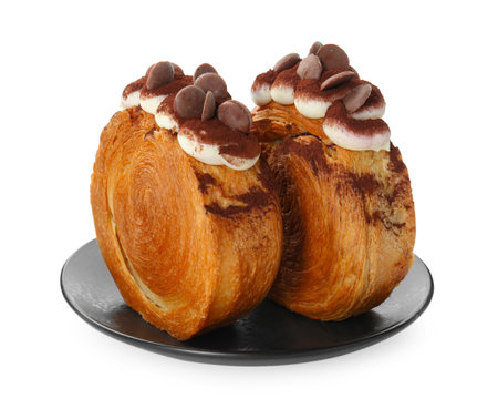 Round croissants with chocolate chips and cream isolated on white. Tasty puff pastryの写真素材