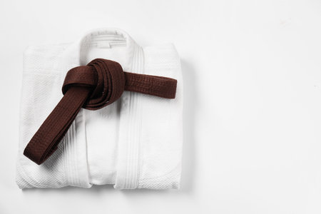 Brown karate belt and kimono on white background, top view. Space for textの写真素材