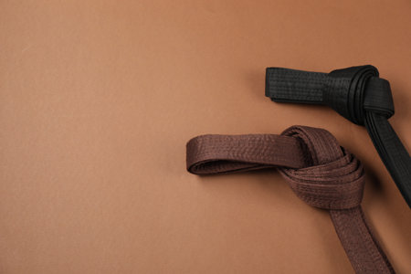 Karate belts on brown background, flat lay. Space for textの写真素材
