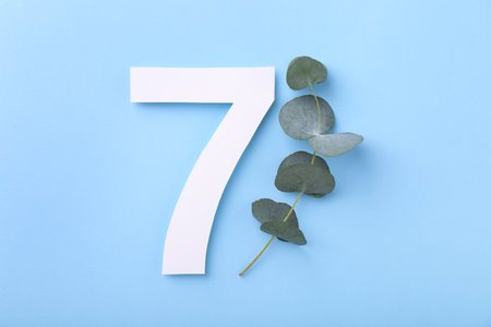 Paper number 7 and eucalyptus branch on light blue background, top view