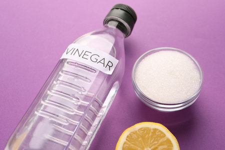 Eco friendly natural cleaners. Vinegar in bottle, cut lemon and bowl of soda on purple backgroundの写真素材