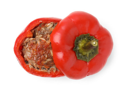 Delicious stuffed bell pepper isolated on white, top viewの写真素材