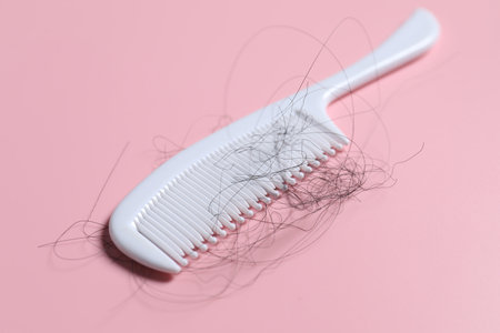 Comb with lost hair on pink backgroundの写真素材