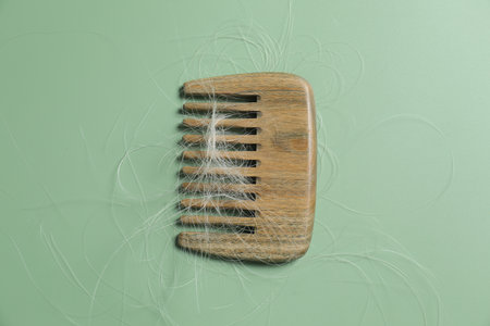 Comb with lost hair on green background, top view