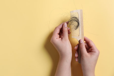 Woman taking her lost hair from comb on yellow background, top view. Space for textの写真素材