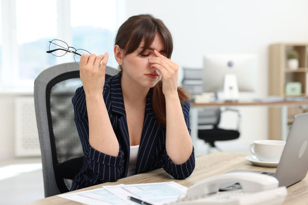 Overwhelmed office worker sitting at table with laptop and documents indoorsの写真素材
