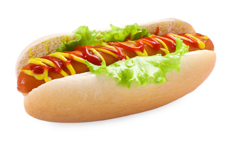 Tasty hot dog with lettuce, ketchup and mustard isolated on whiteの写真素材