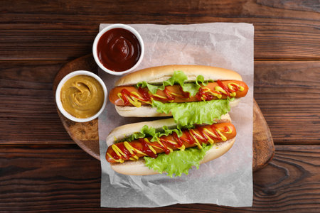 Tasty hot dogs with lettuce, ketchup and mustard on wooden table, top viewの写真素材